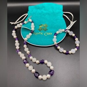 Rustic Cuff Agate Amethyst Beaded Necklace & Bracelet NWT + Carry Bag